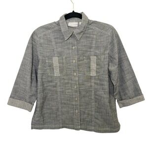 Alfred Dunner Womens Gray Button Down 3/4 Sleeve Pocketed Shirt‎ Size 8P